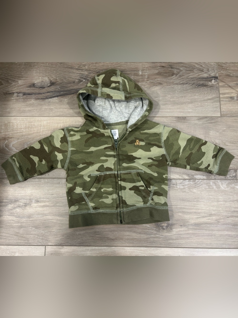 GAP Baby Green Camo Zip Hoodie with Gold Patch